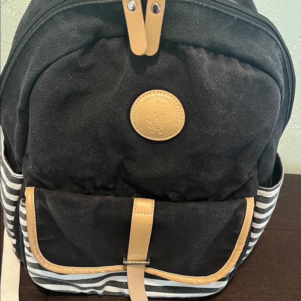 #1201: Unisex Deep Dark, Brown, Navy Blue & Tan Striped Backpack Monkey 🐵